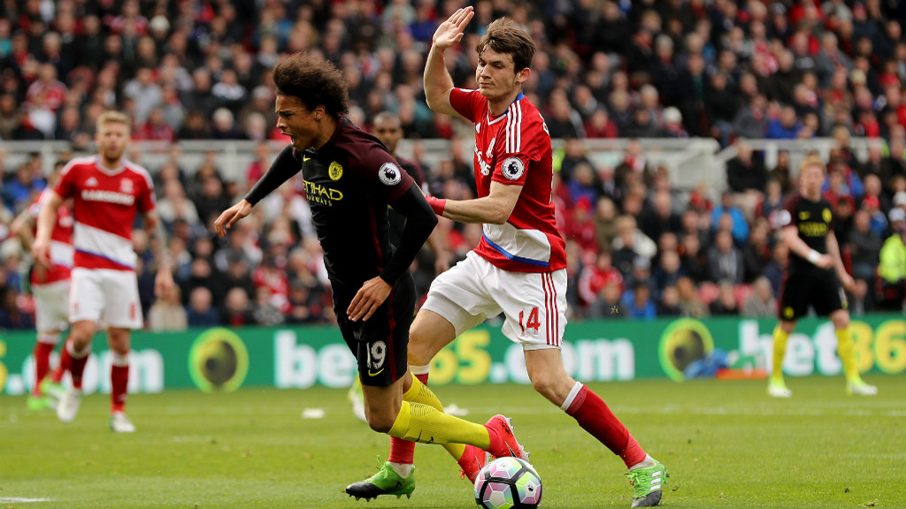 TOO HOT TO HANDLE : Sane wins City a penalty after being challenged by Marten De Boon