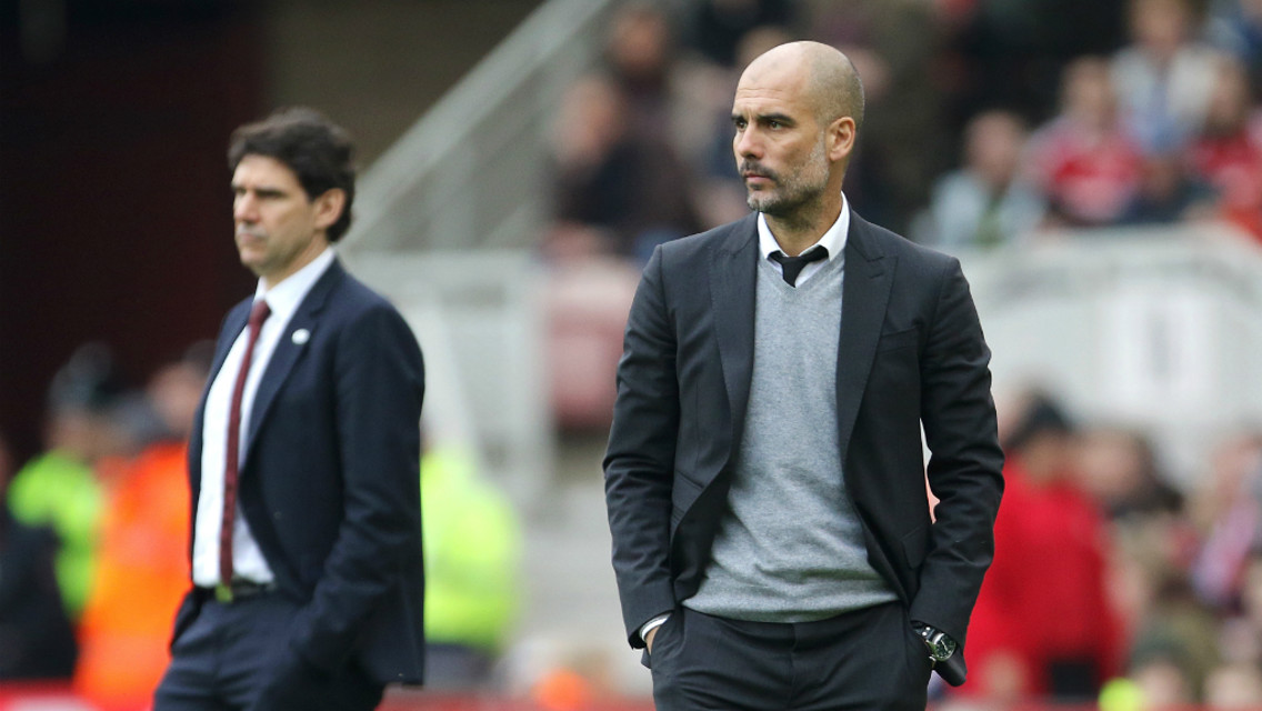 WATCHING ON: Pep and Karanka observe from the touchline.