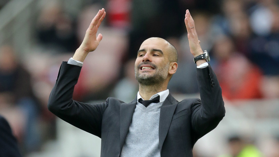 CLOSE:Pep reacts as City come close to scoring.