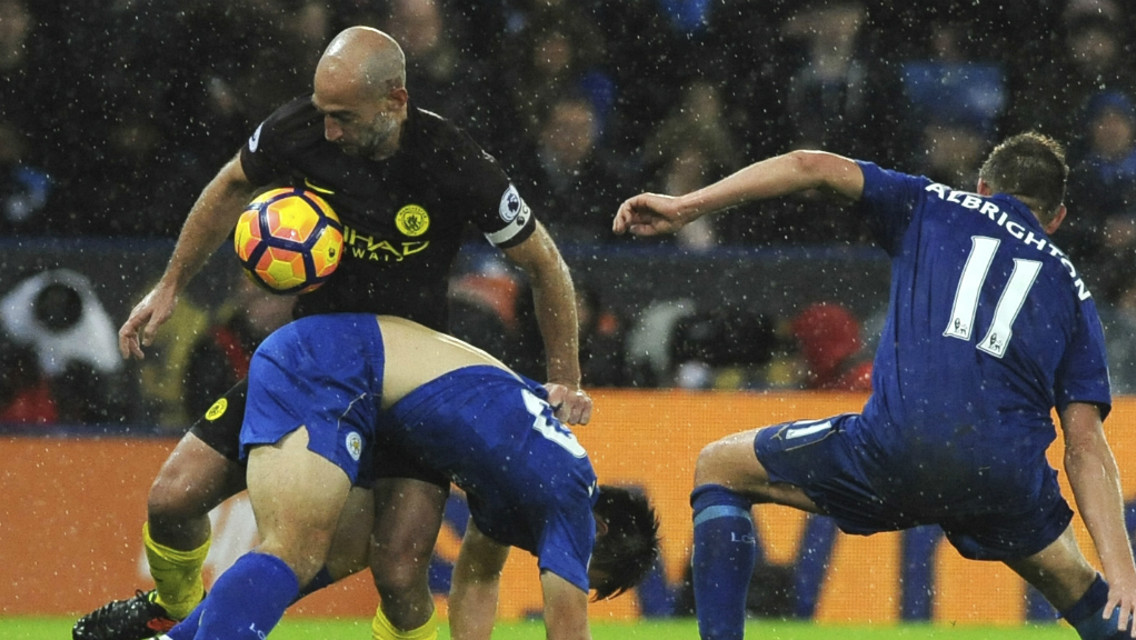 TUSSLE: Pablo Zabaleta, Shinji Okazaki and Marc Albrighton do battle