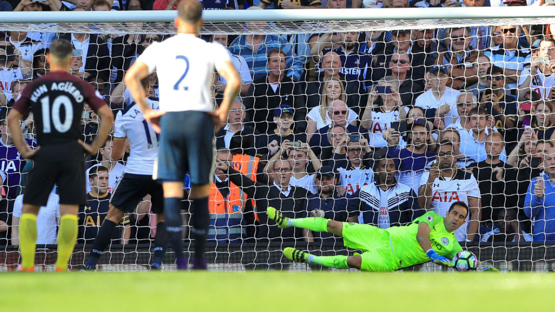 SPOT ON: Claudio Bravo saves Erik Lamela's penalty