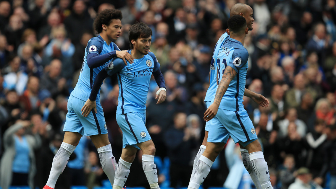 PERFECT START: Silva celebrates with his team-mates after breaking the deadlock inside two minutes.