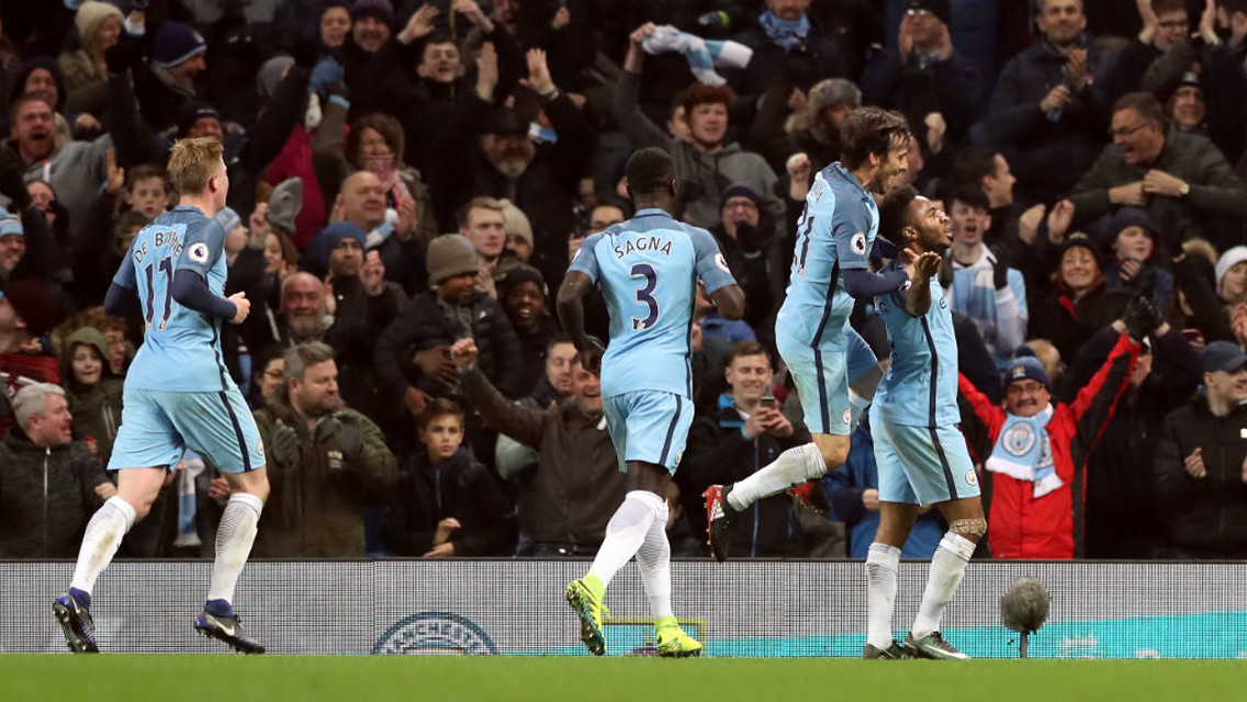 FEELS GOOD! City celebrate Raheem Sterling's goal