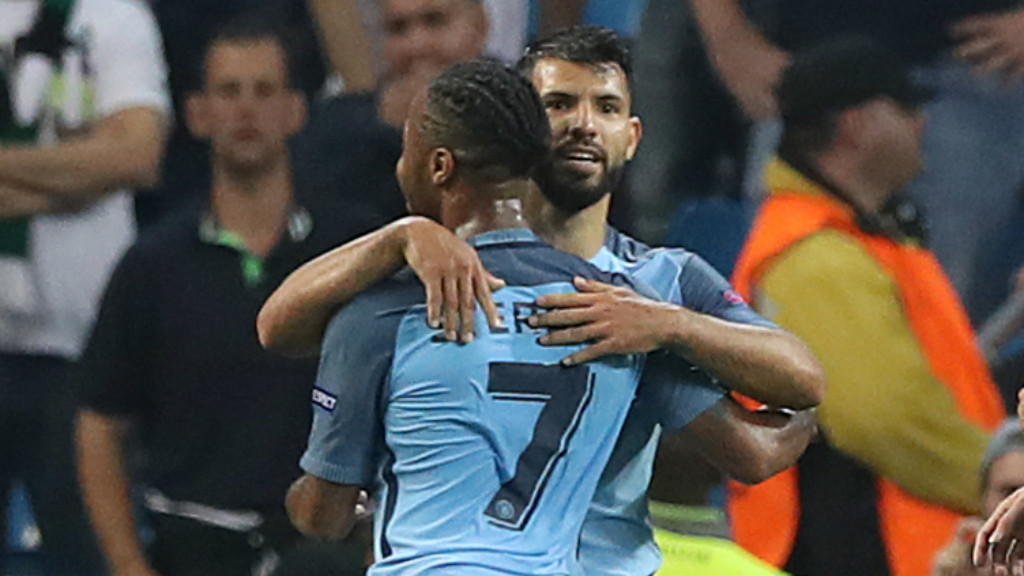 DOUBLE TROUBLE: Raheem congratulates Aguero after scoring his second goal