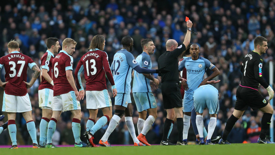 RED CARD: Fernandinho is sent off for a challenge on Johann Berg Gudmundsson