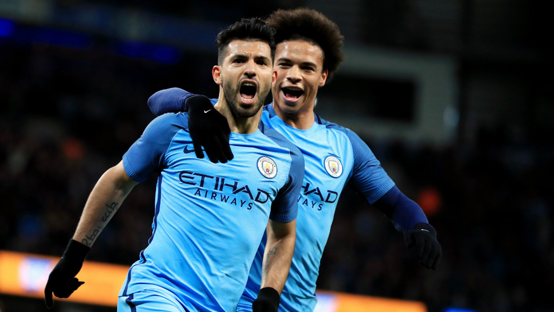 GET IN: Sergio celebrates his goal with Sane.