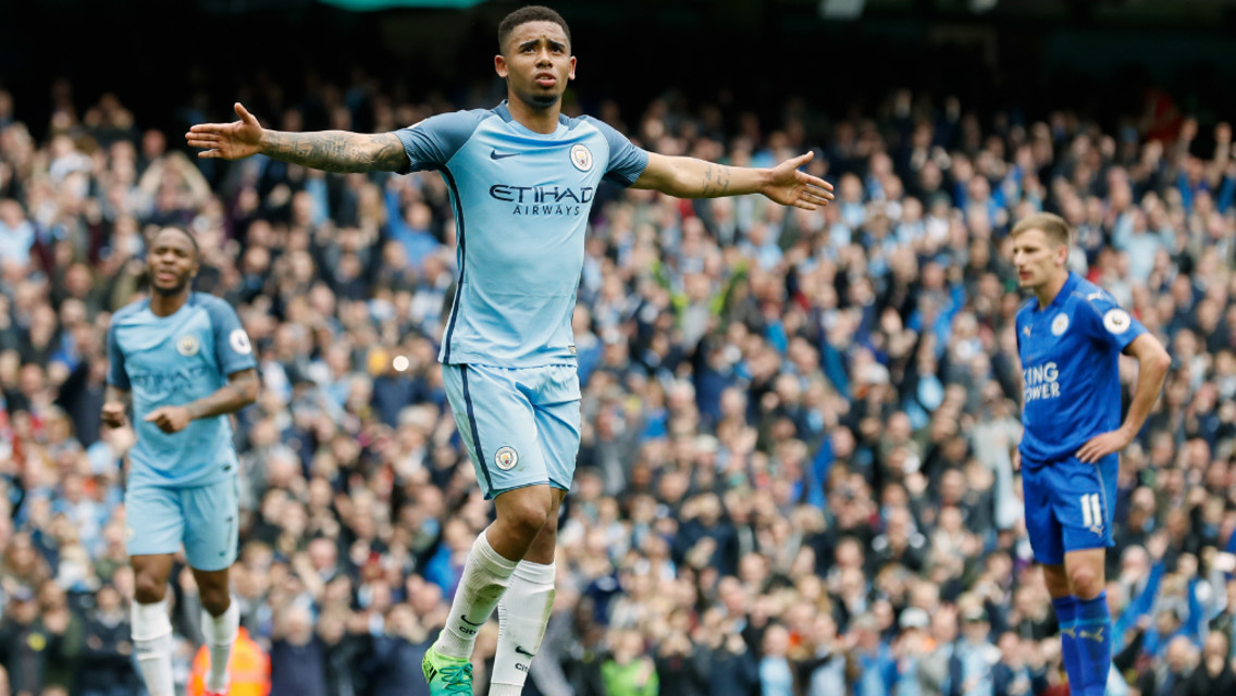 JESUS CELEBRATION: The Brazilian striker starts the celebrations after putting City 2-0 up.