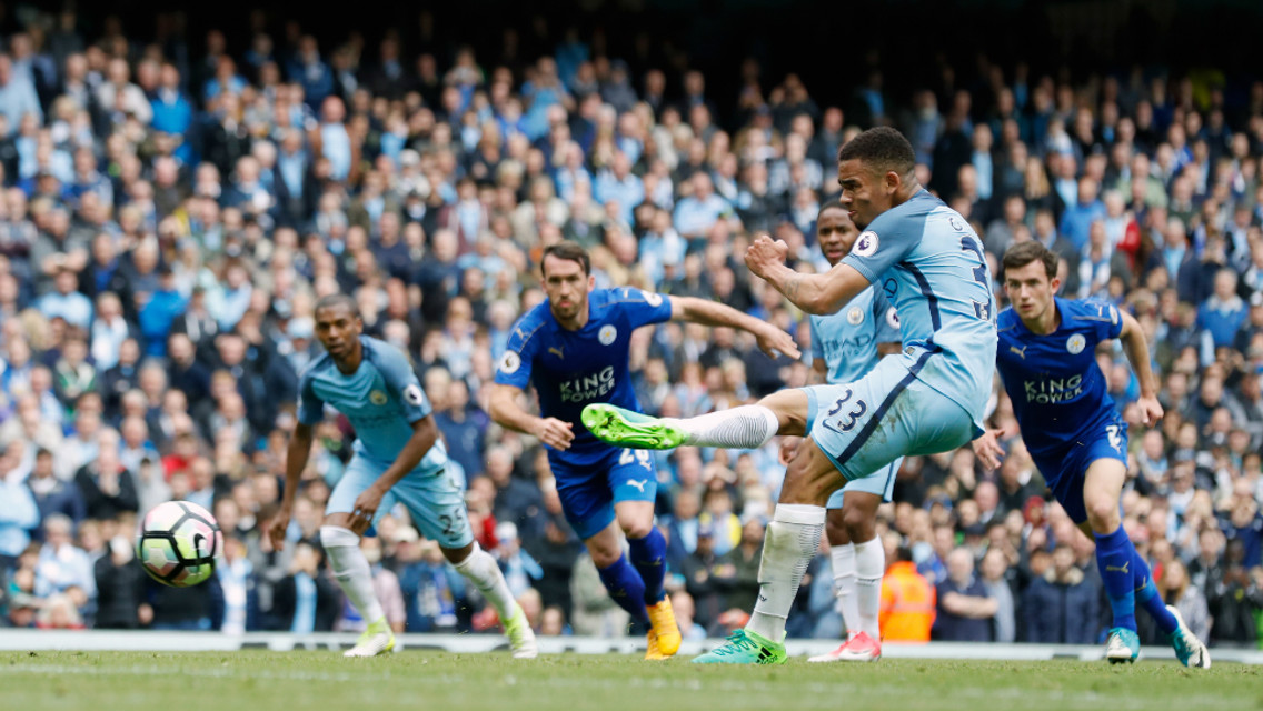 TUCKED AWAY: Our number 33 sends Kasper Schmeichel the wrong way from 12 yards out.
