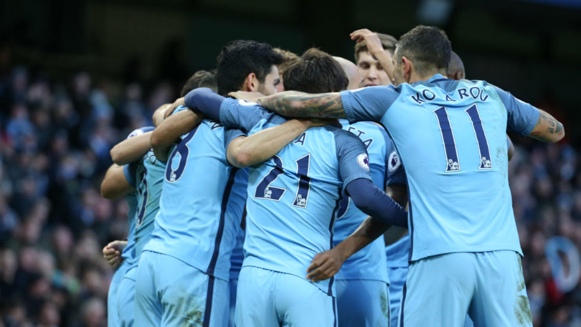 FINALLY: City get together to celebrate Sergio Aguero's strike at the end of the first half