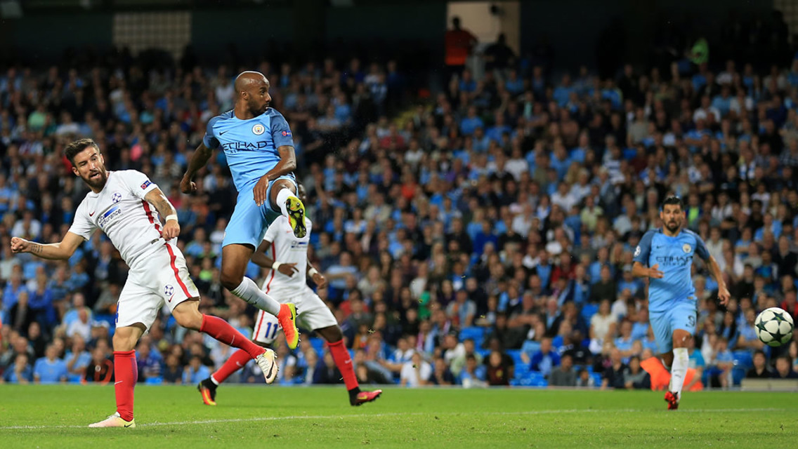THE GOAL: Delph heads City into the lead on the night