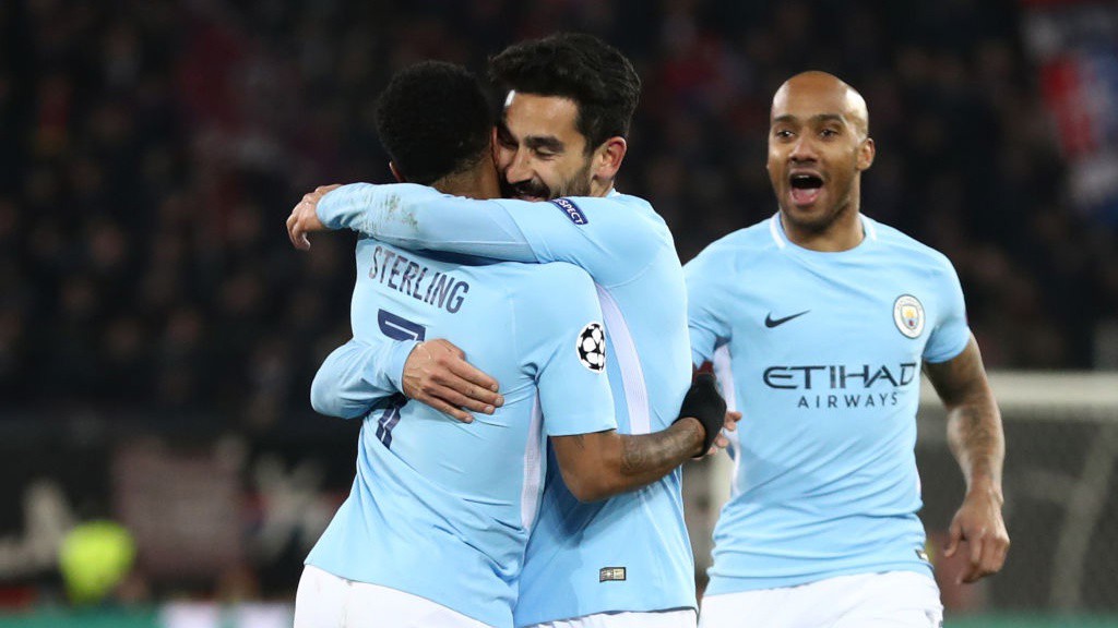 MIDFIELD MAESTRO: Raheem Sterling congratulates Ilkay Gundogan on his second goal of the night.