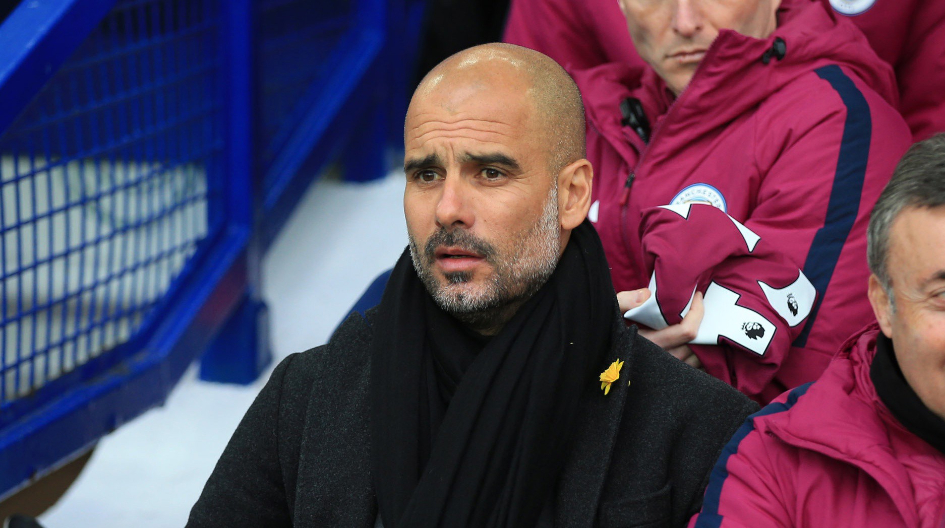 PEP WATCH: The manager observes from the bench at Goodison Park.