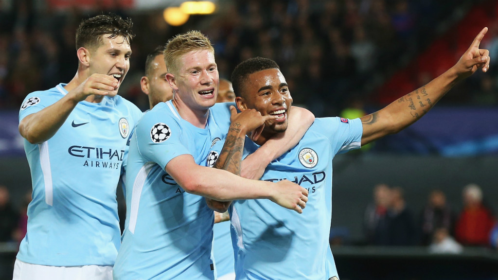 DELIGHT: John Stones, Kevin De Bruyne and Gabriel Jesus are all smiles