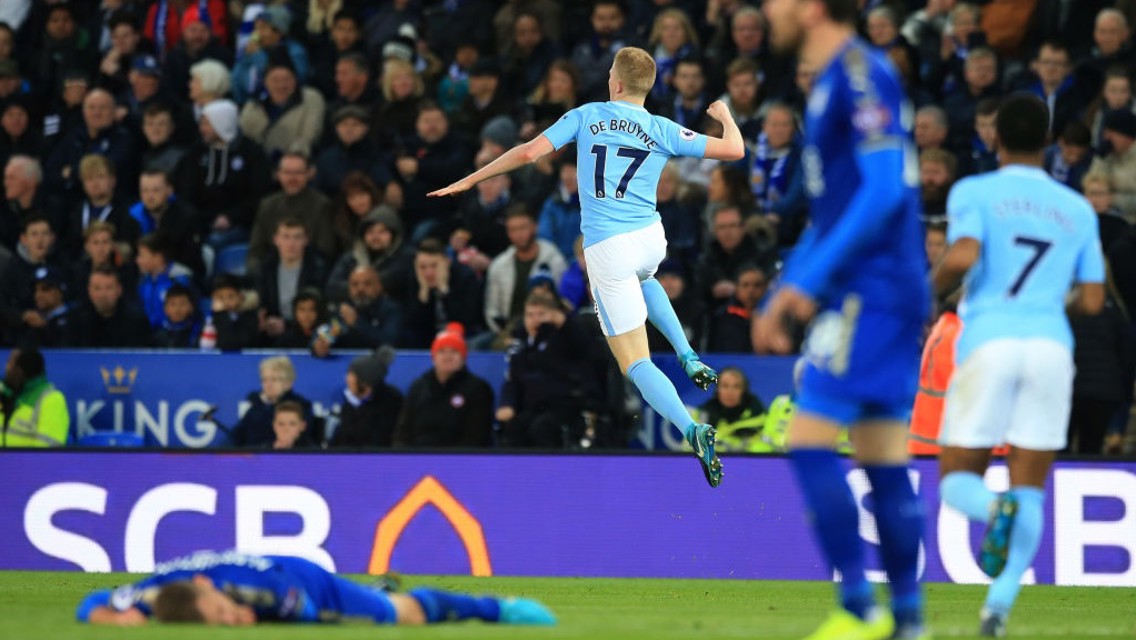 JUMP FOR JOY: De Bruyne celebrates his screamer at the King Power Stadium