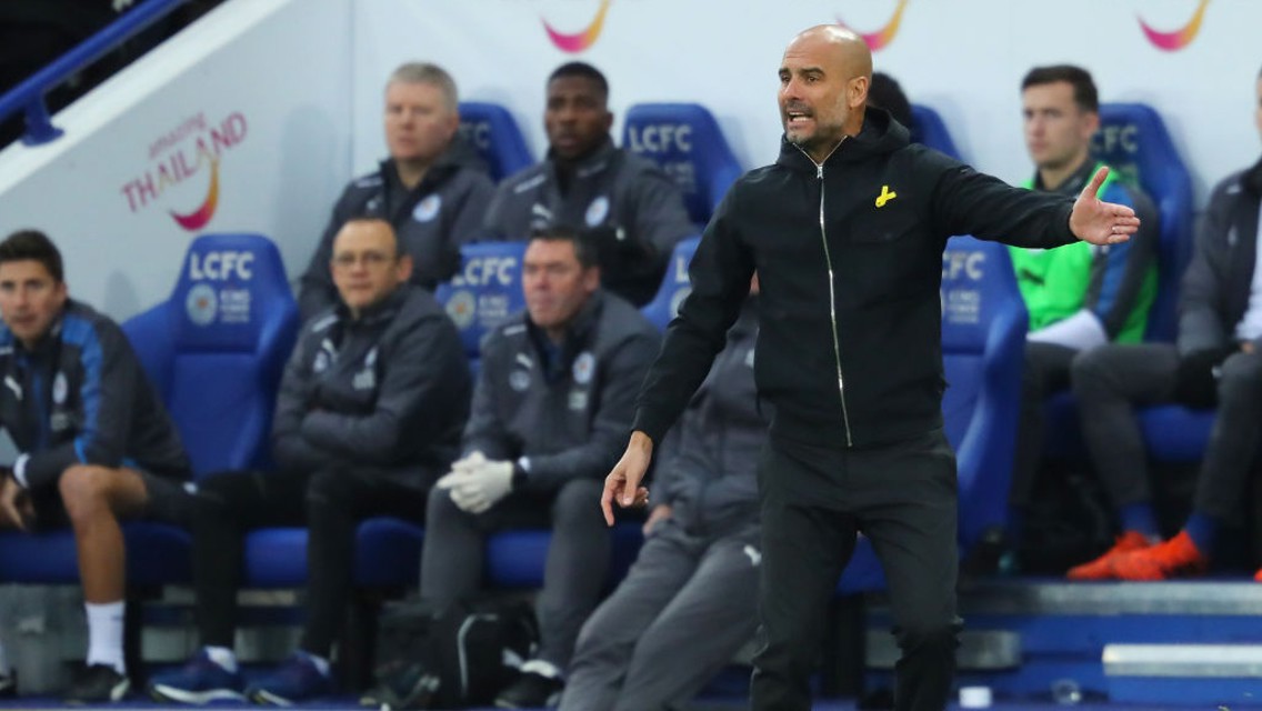 PEP WATCH: The manager gesticulates from the touchline at the King Power. 