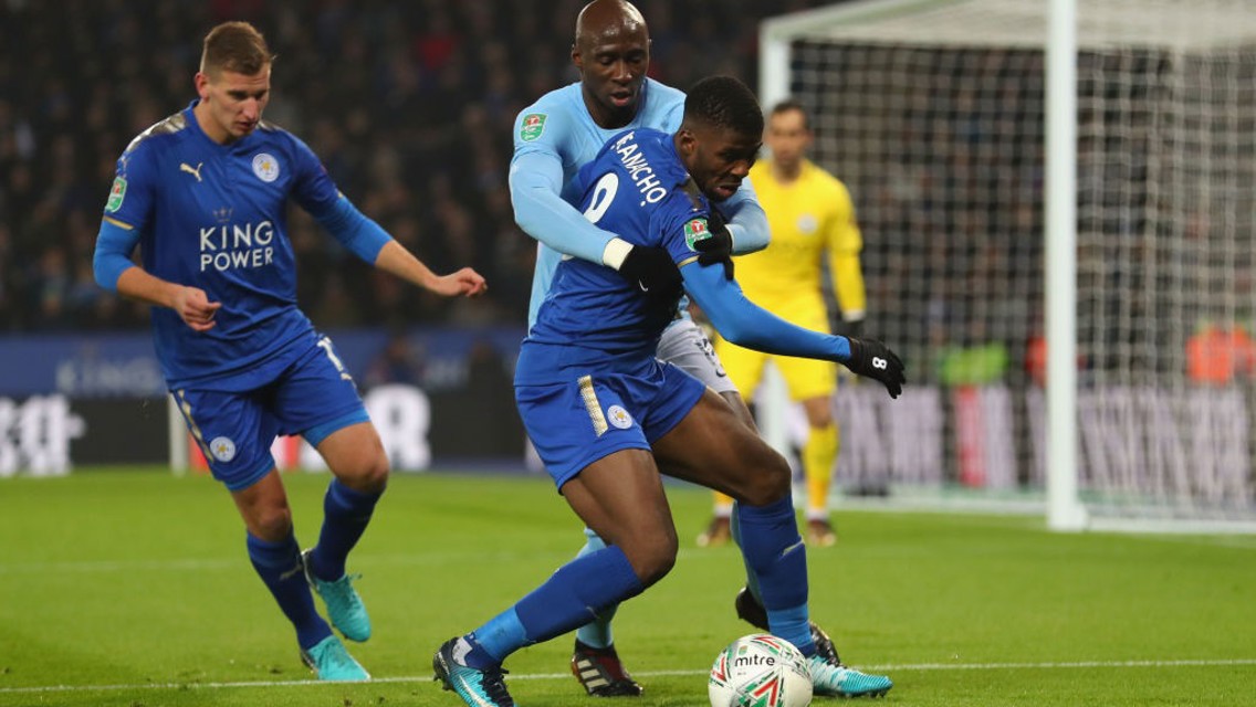 CLOSE QUARTERS: Eliaquim Mangala monitors Leicestier's Kelechi Iheanacho. 
