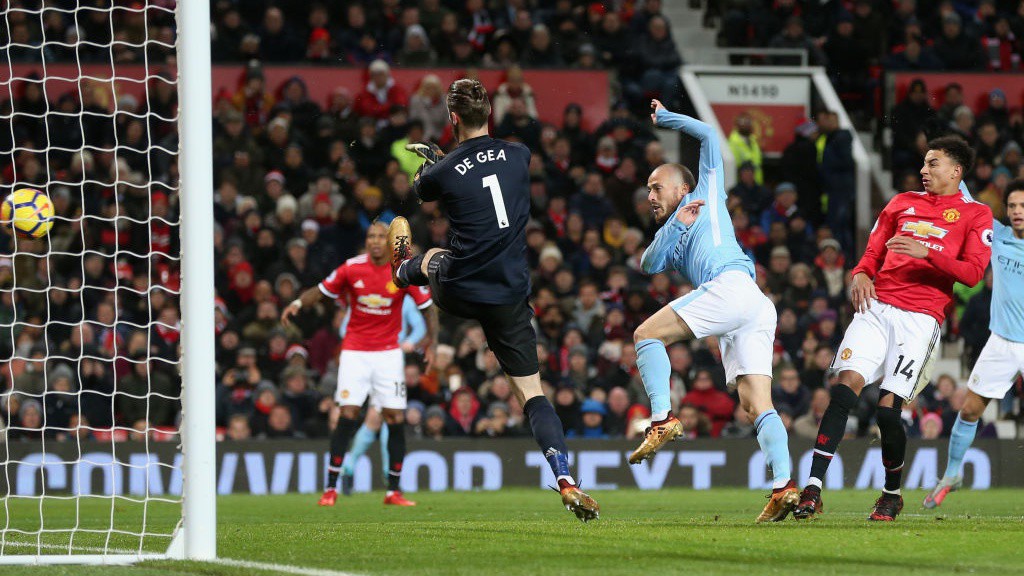EL MAGO: David Silva puts City ahead in the 42nd minute at Old Trafford.