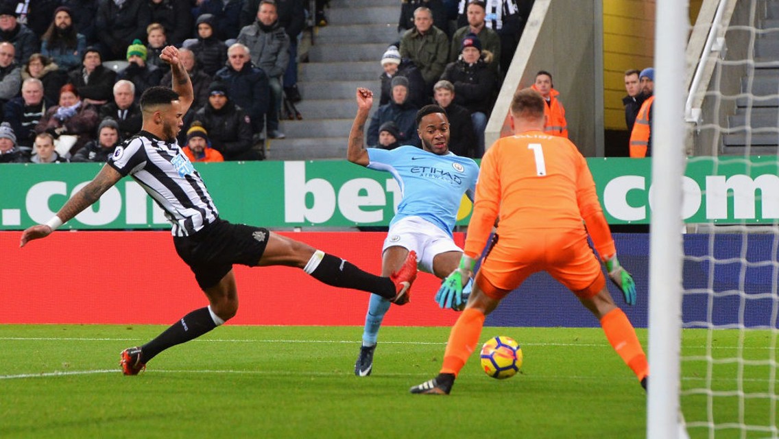 ​ON THE MONEY: Raheem Sterling breaks the deadlock with his 13th Premier League strike of the season.