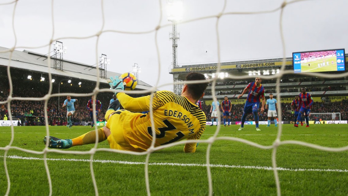 TOP STOPPER: Ederson saves Luka Milivojevic's 90th-minute penalty.