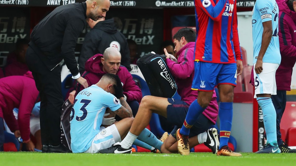 FRUSTRATION: Gabriel Jesus cuts a forlorn figure as he is forced off through injury.
