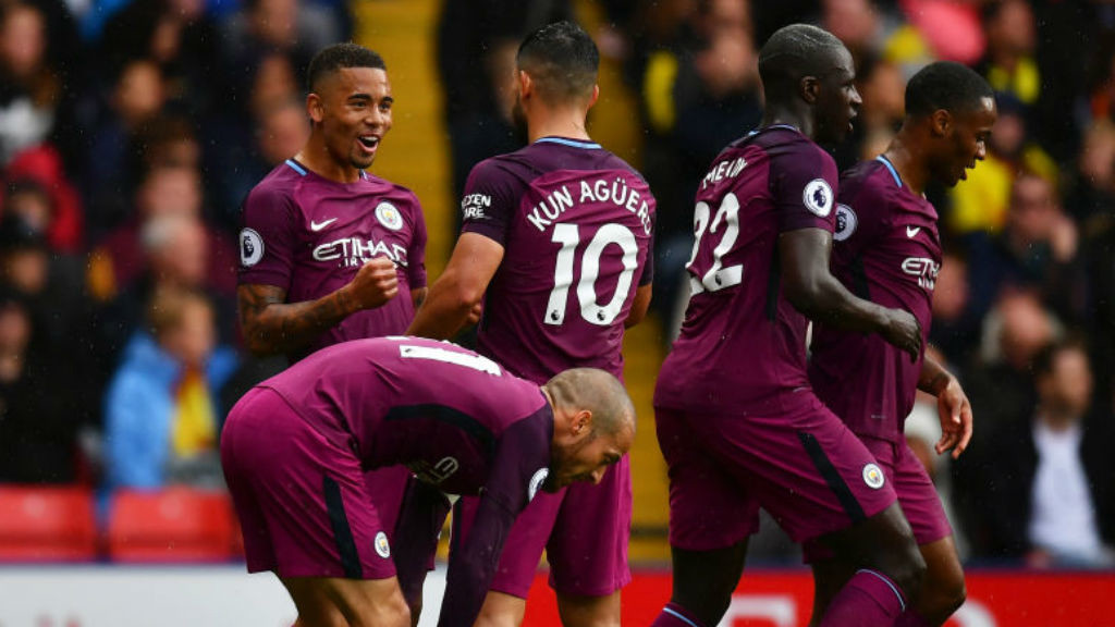 TREBLE CHEER: Gabriel Jesus celebrates after grabbing City's third goal