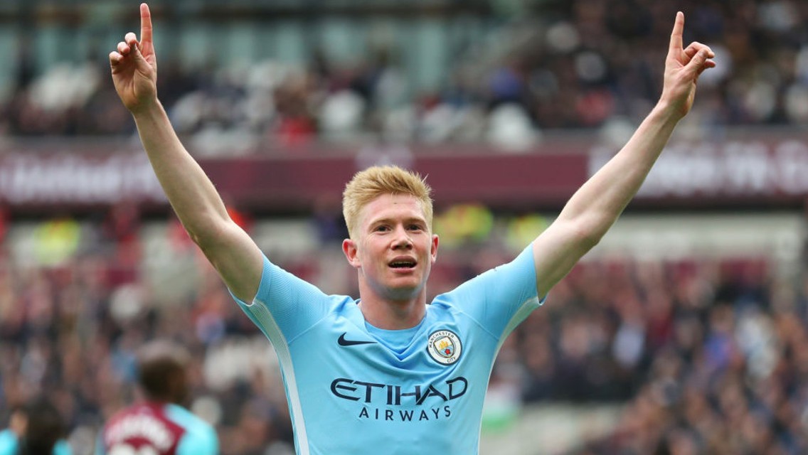 ASSIST KING: Kevin De Bruyne celebrates after seeing his cut-back converted by Declan Rice.