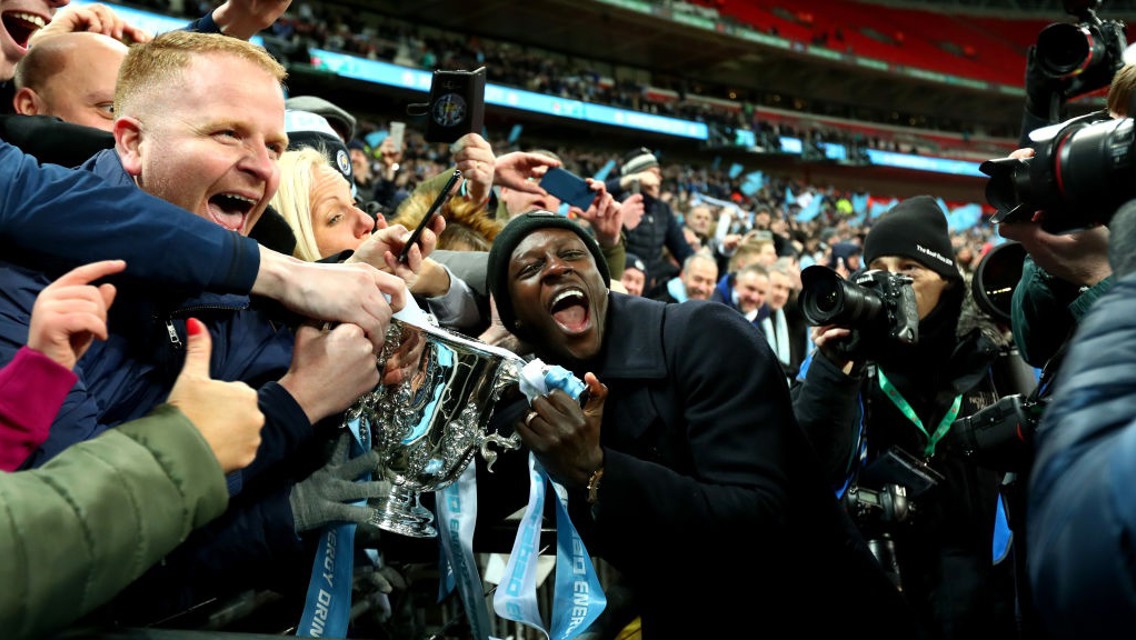 MENDY: City's full-back celebrates with supporters.