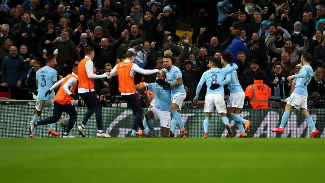 TOGETHER: City celebrate during a wonderful second-half performance at Wembley.