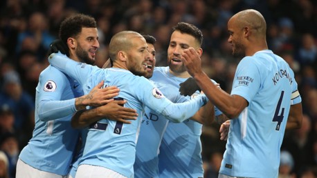 ​AT THE DOUBLE: City celebrate going two ahead against Bournemouth.