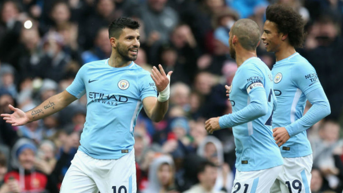 LEVEL BEST: Sergio Aguero celebrates with Leroy Sane and David Silva