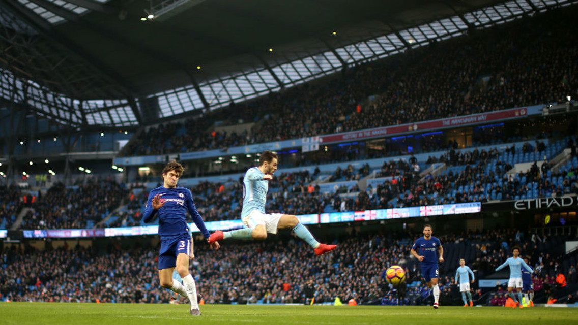 FLYING HIGH: Bernardo Silva makes it 1-0 at the Etihad.
