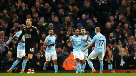 CELEBRATION:  The team celebrates Sterling's opener.