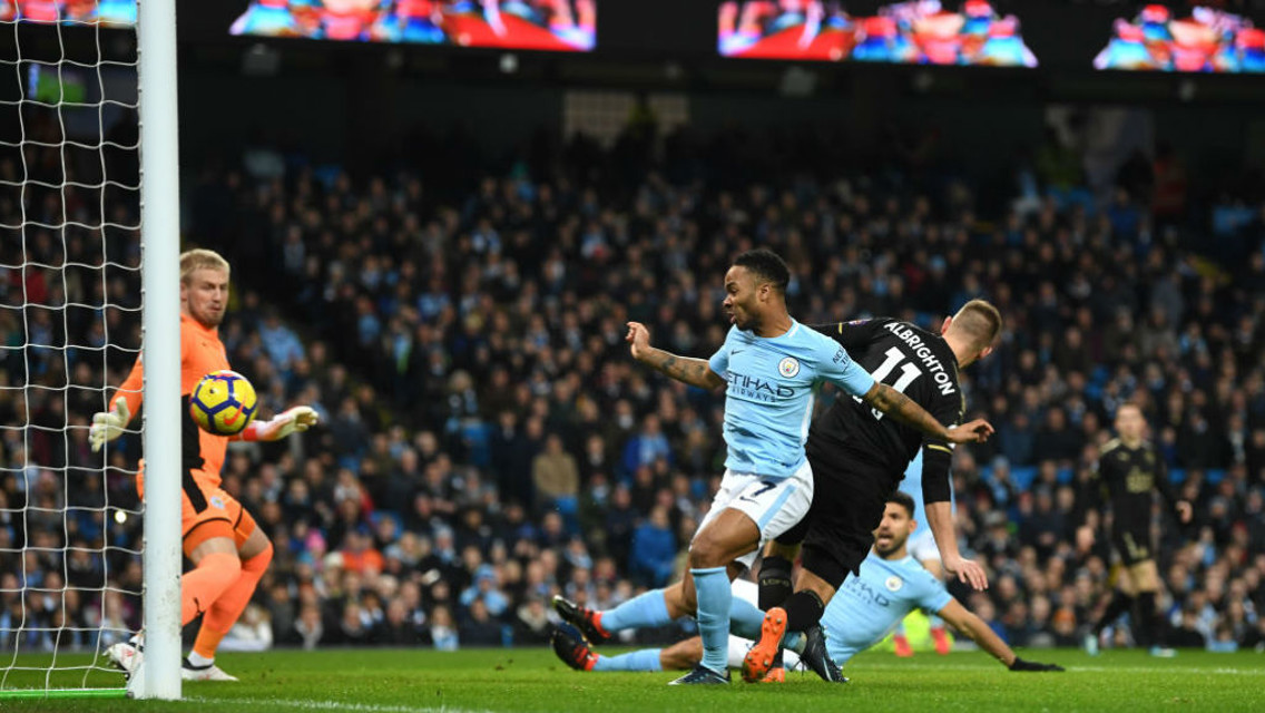 GOAL: Raheem Sterling drives home Kevin De Bruyne's cross.