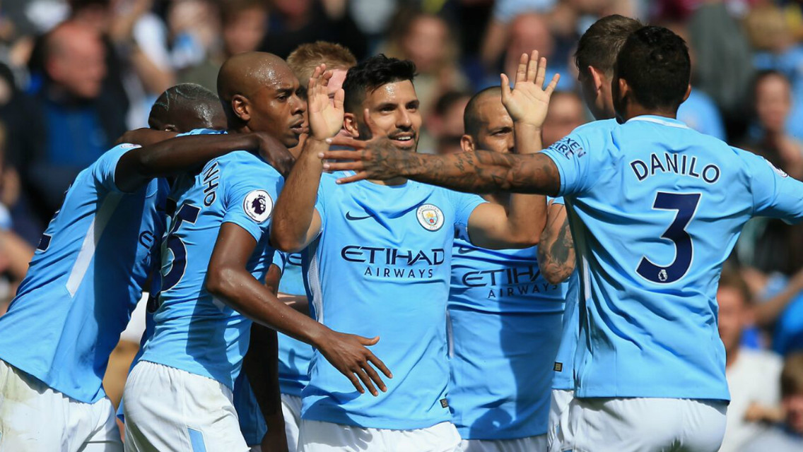 RECORD BREAKER: Sergio Aguero celebrates his 124th Premier League goal