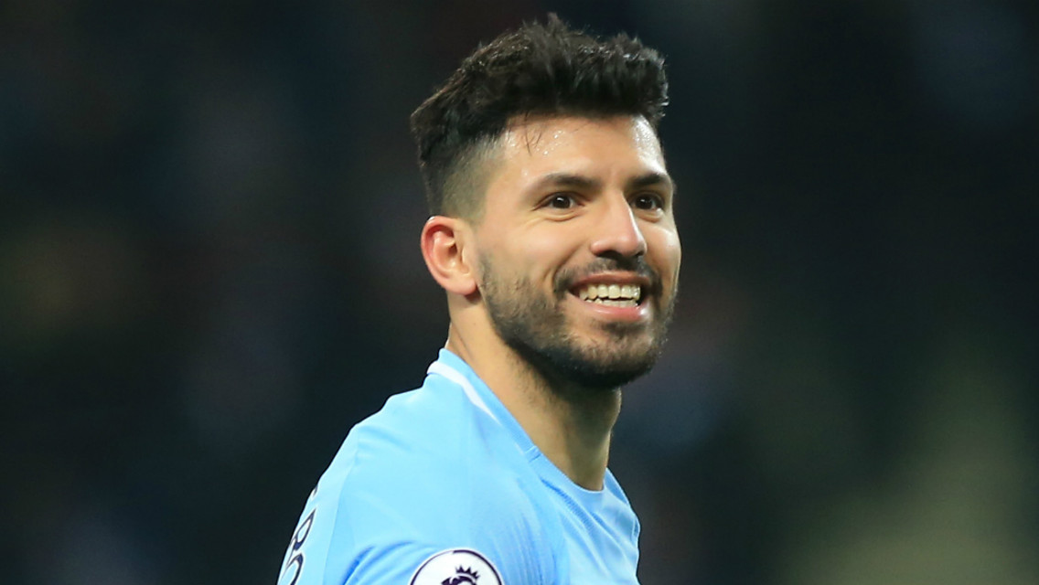 TOP TREBLE: A delighted Sergio Aguero, having hit a hat-trick against Newcastle