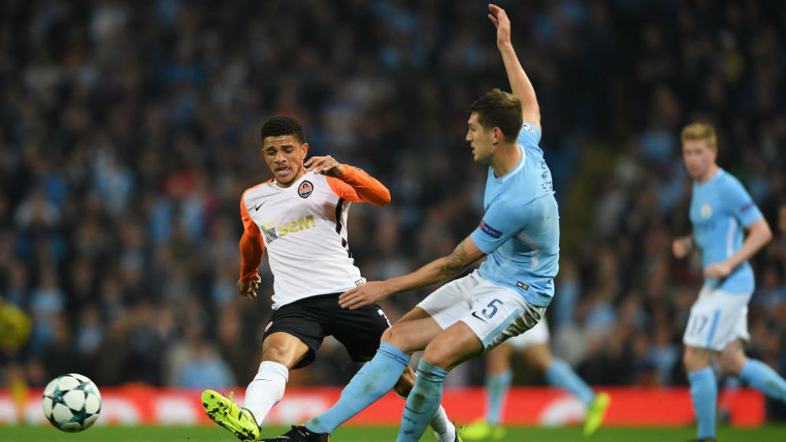 NO ENTRY: John Stones blocks a Shakhtar attack