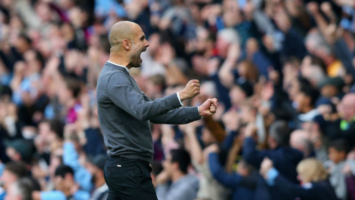 PURE JOY: Pep Guardiola can't contain his delight after City's third goal
