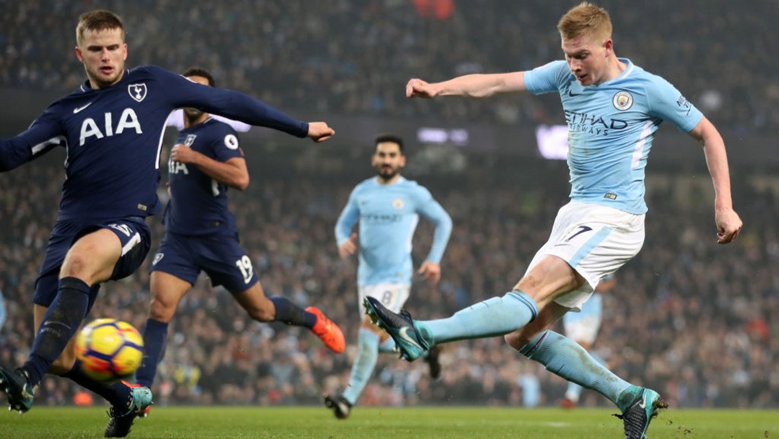 ON FIRE: Kevin De Bruyne leaves Tottenham's Hugo Lloris with no chance for City's second.