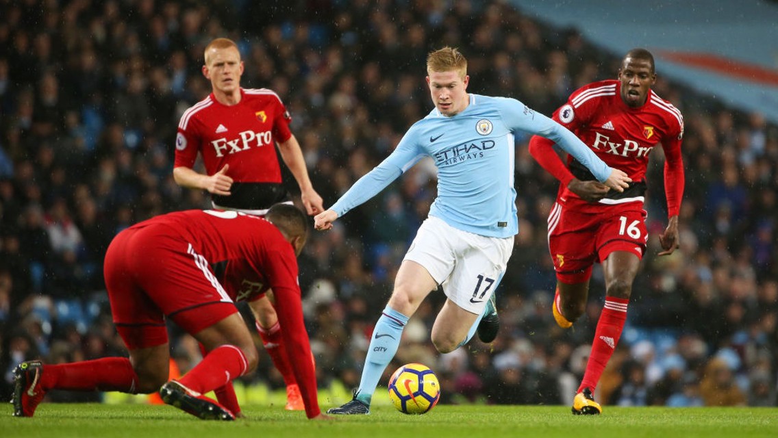 BELGIAN BRILLIANCE: Kevin De Bruyne dances past three Watford defenders. 