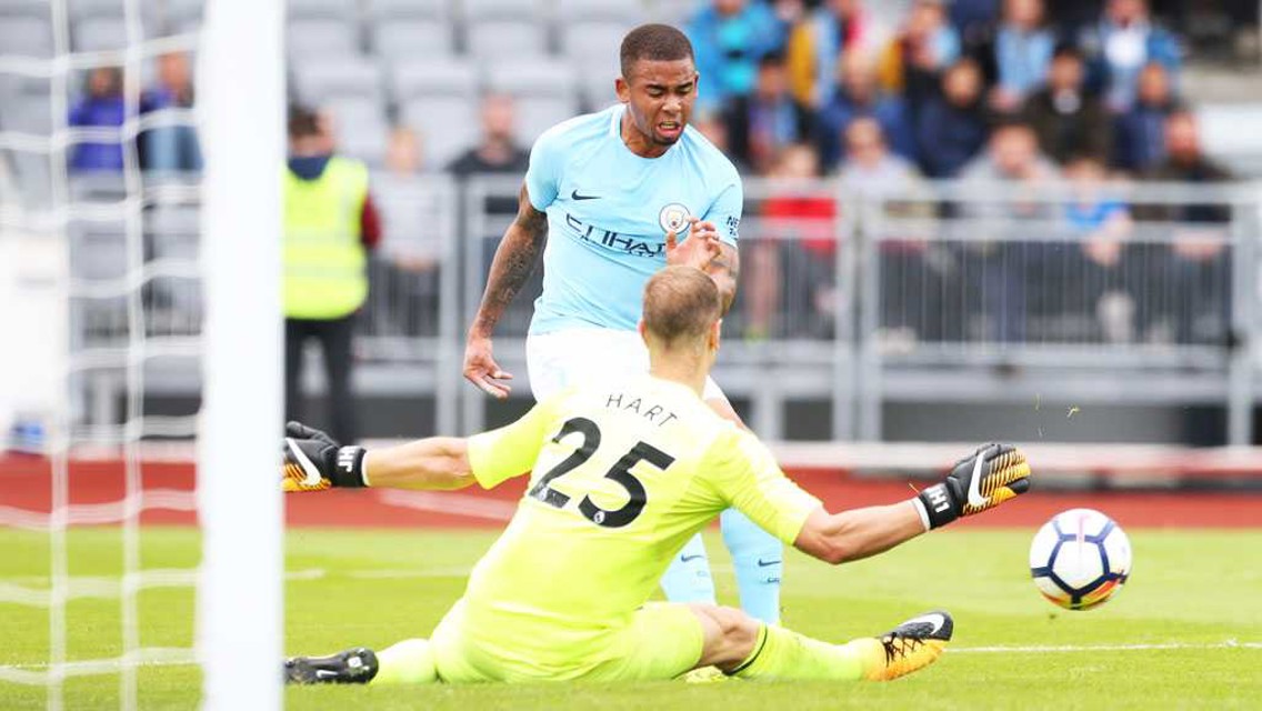 ON TARGET: Gabriel Jesus opens the scoring for City against West Ham in Reykjavik