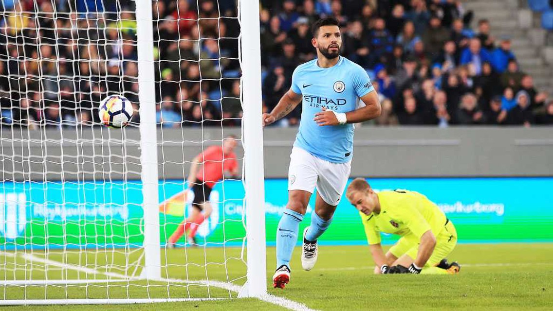 GOAL STRIKE: Sergio Aguero celebrates after scoring City's second against West Ham