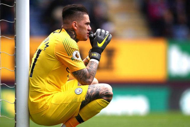 TENSE: Ederson watches on as the clock ticks down.
