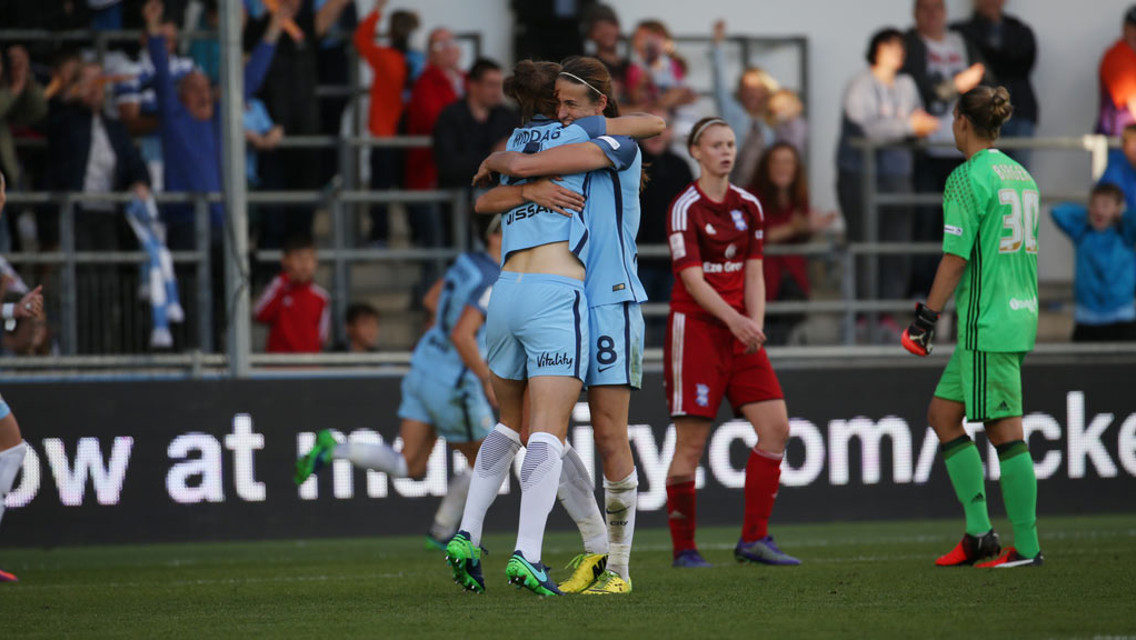 OVERJOYED: Jill Scott and Tessel Middag celebrate Lucy Bronze's winner.