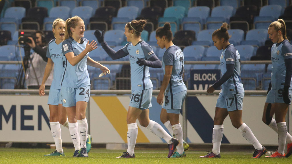 MAGIC MOMENT: Keira Walsh is mobbed after netting a stunning strike against Brondby IF