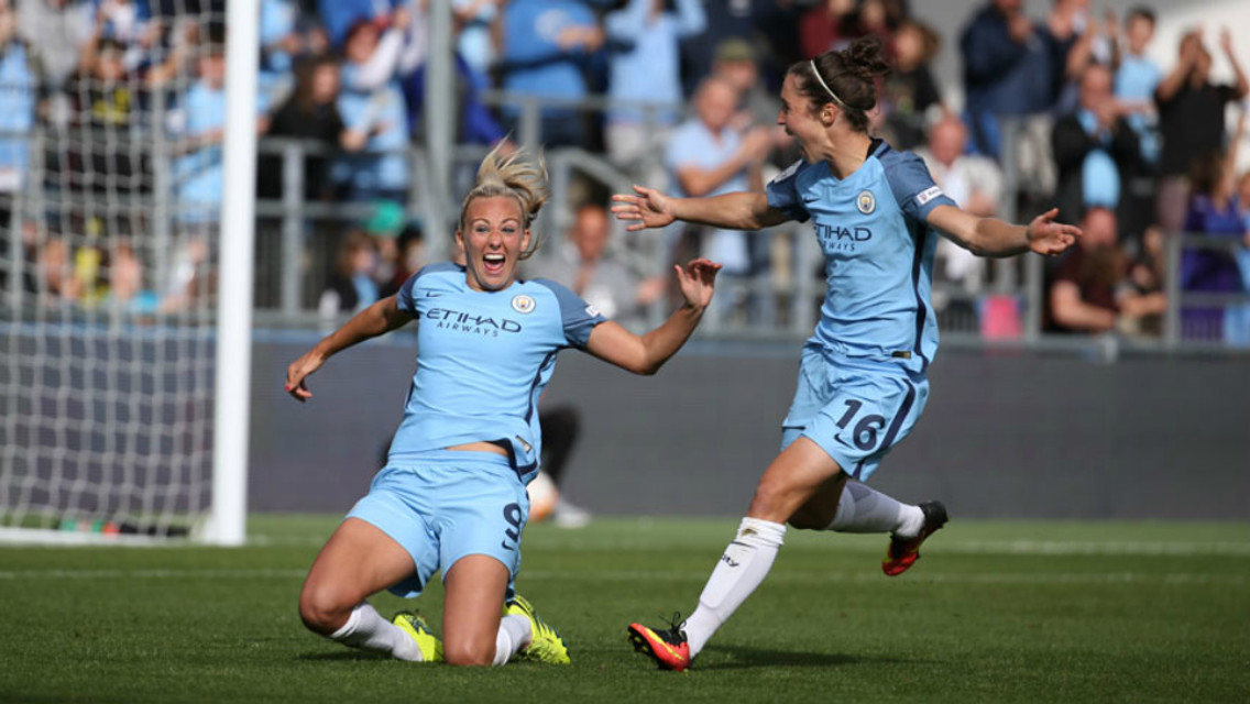PURE EMOTION: Toni Duggan and Jane Ross get the celebrations started after the former gave City a 2-0 lead.