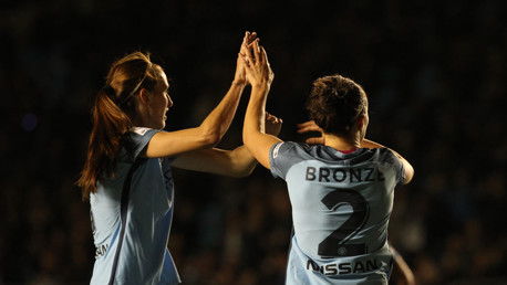 MAGIC MOMENT: Jill Scott celebrates her opener with the assist-maker, Lucy Bronze