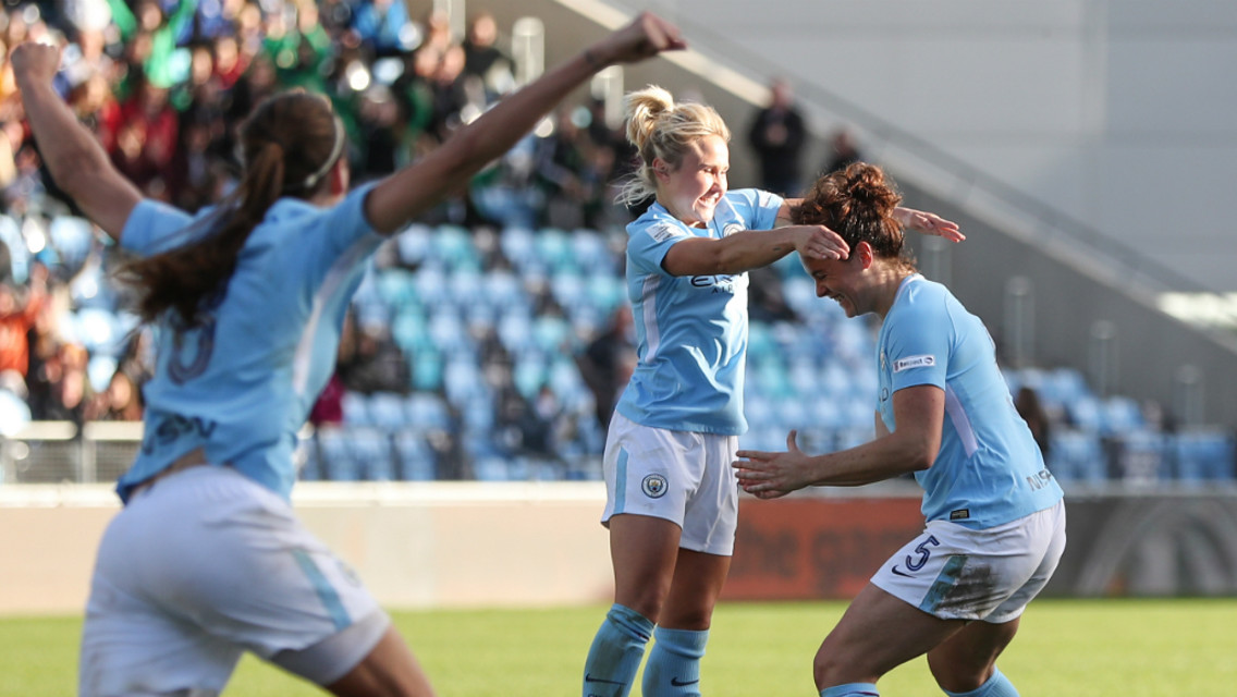 BEATS IT: Jill Scott and Izzy Christiansen congratulate Jen Beattie on her injury time goal