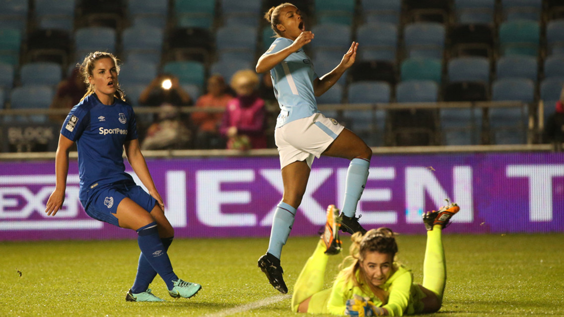 CLOSE: Nikita Parris nearly opens the scoring against Everton.