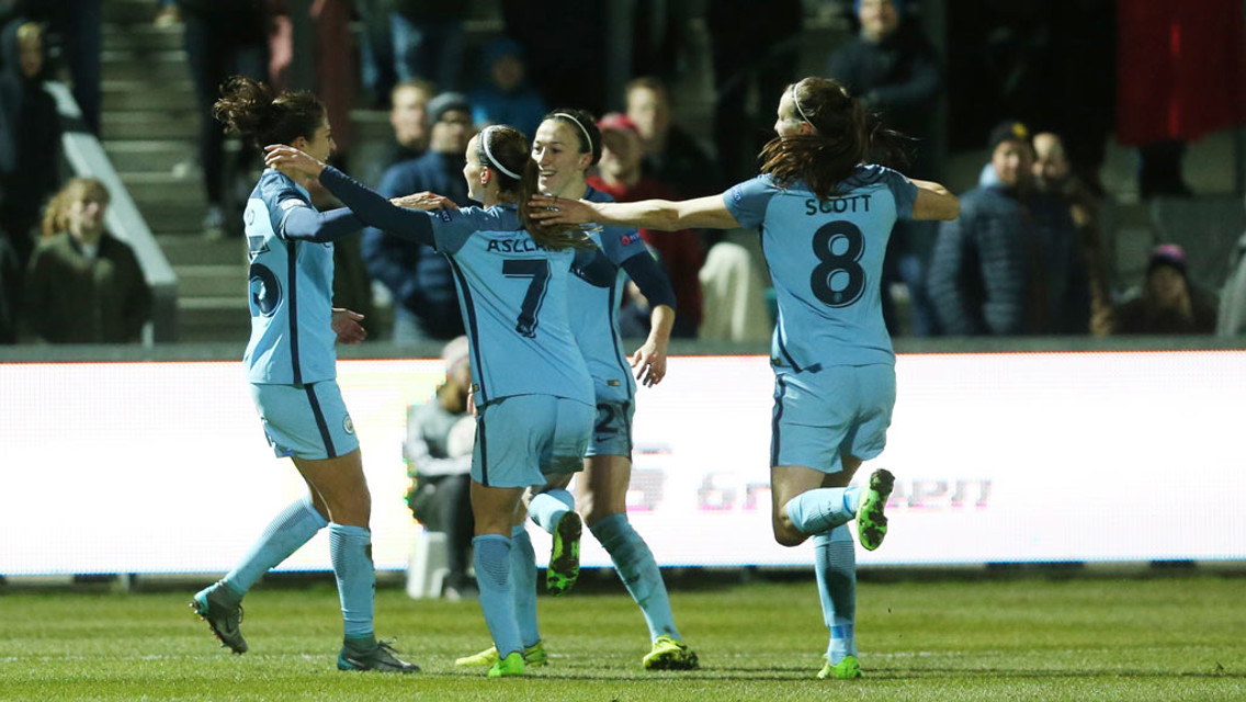 EUROPEAN DREAM: Carli Lloyd celebrates scoring her first City goal on her Champions League debut