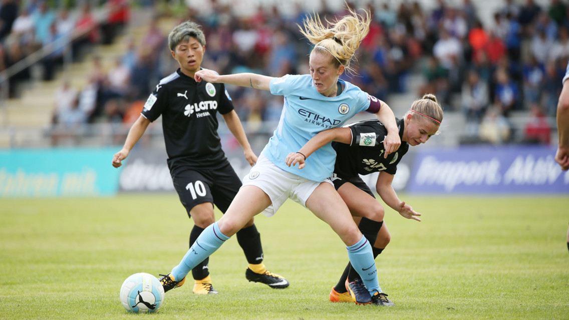 DUEL: Captain Keira Walsh uses her strength